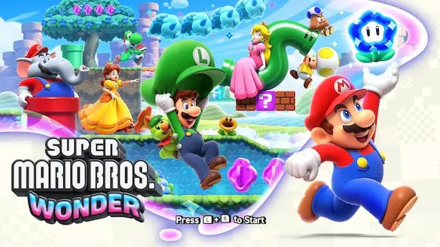 Super Mario Bros. Wonder title screen featuring Mario and Luigi standing on a vibrant background. The title 'Super Mario Bros. Wonder' is displayed in bold, colorful letters surrounded by iconic game elements.