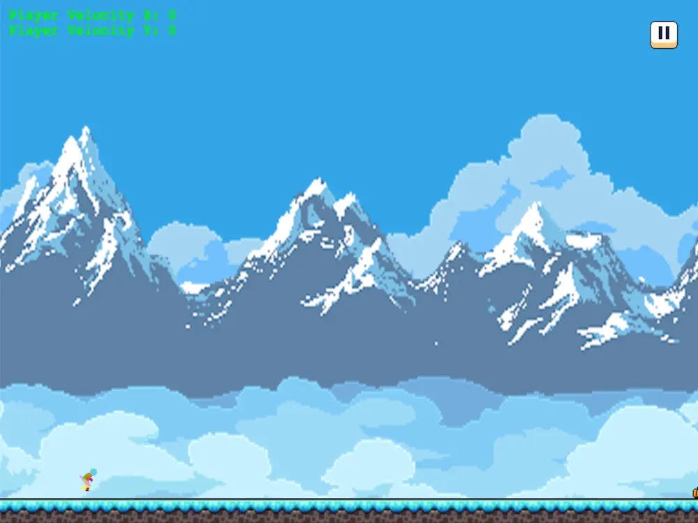 An image of the game screen with the snowy mountainous region, a pause button in the upper-right hand corner, and some debug text displaying the player's velocity.