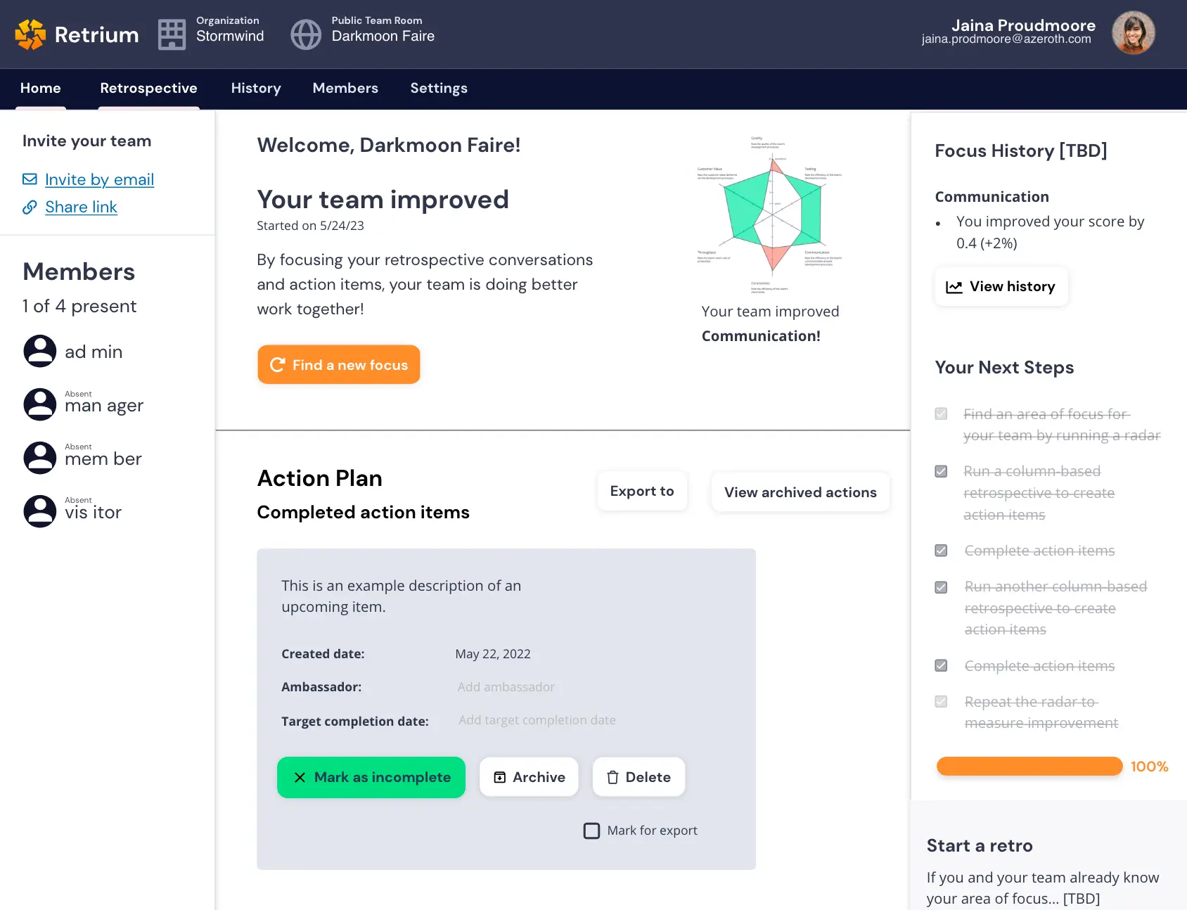 Retrium team room dashboard displaying the team's focus, providing an overview of current priorities and objectives for effective collaboration. The comparison radar is depicted, which shows how your team's Radar ratings have changed over time.