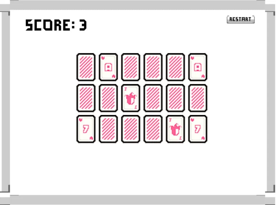 A depiction of the finalized game screen. It has a score, restart button, and some cards face up and down.